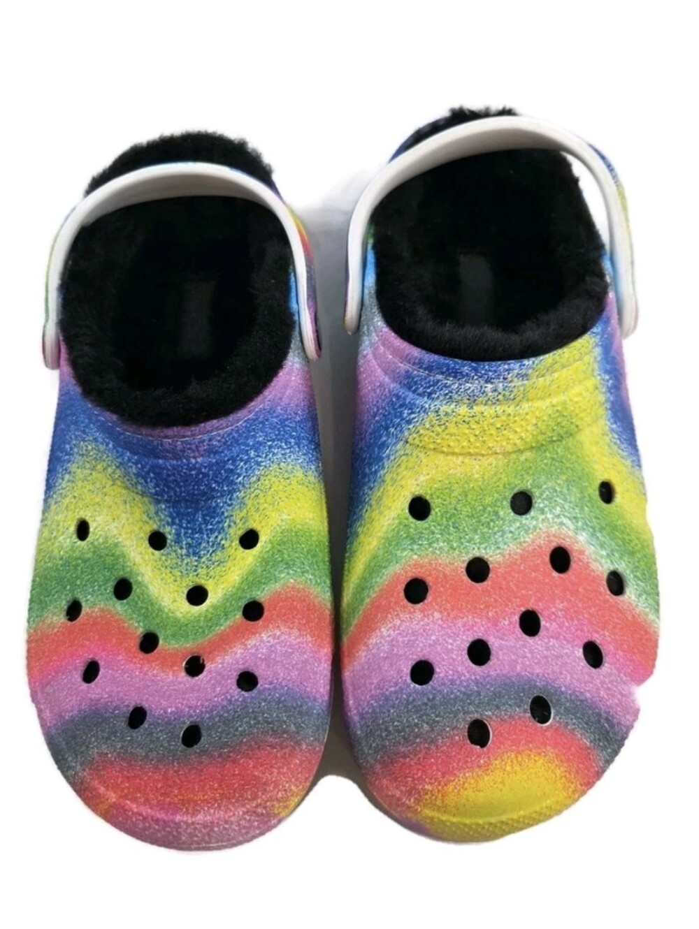 Crocs Classic Lined Clogs M10 W12 Rainbow Tie Dye Fuzzy Fur Unisex Slip On